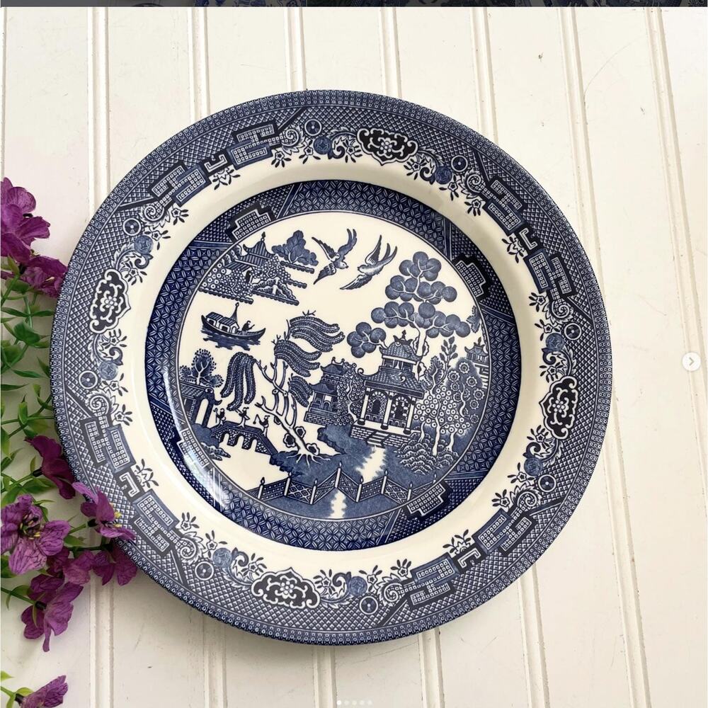 Vintage Blue Willow Pattern Dinnerware Churchill England Plate Teacup Saucer Set